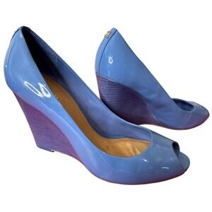 Coach Womens Blue Patent Leather Peep Toe Wedge Heels Sz 9 Glossy Pastel Coastal